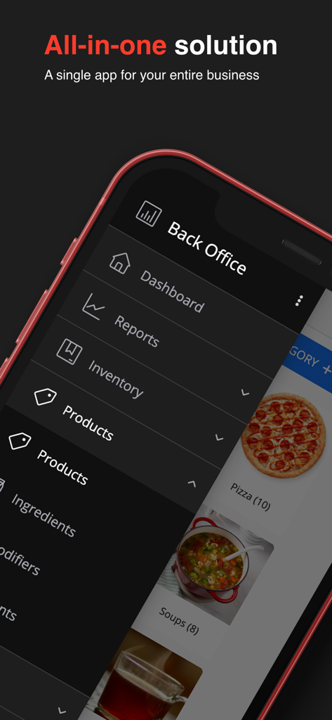 Alto’s POS & Inventory System - Smartphone affichant le menu du back-office du système de Point de Vente et de Gestion des Stocks Alto’s