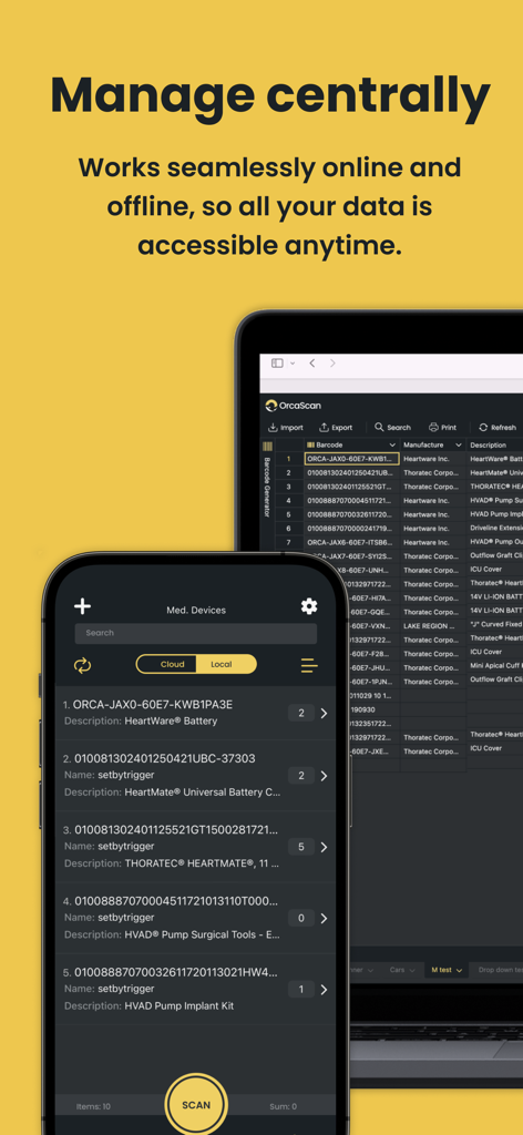 Barcode Scanner - Orca Scan - Orca Scan interface showing centralized barcode management on mobile and desktop devices