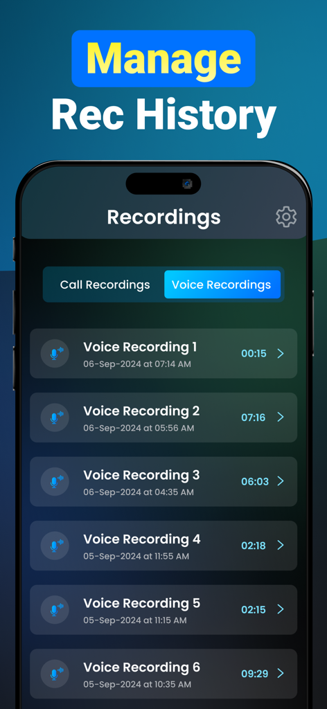 Call Recorder:Automatic Record - Pantalla móvil que muestra una lista de grabaciones de voz con marcas de tiempo y duraciones dentro de la aplicación Grabadora de Llamadas