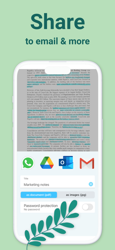 Interface of Docutain app showing document sharing options for PDF and JPG formats via email and messenger