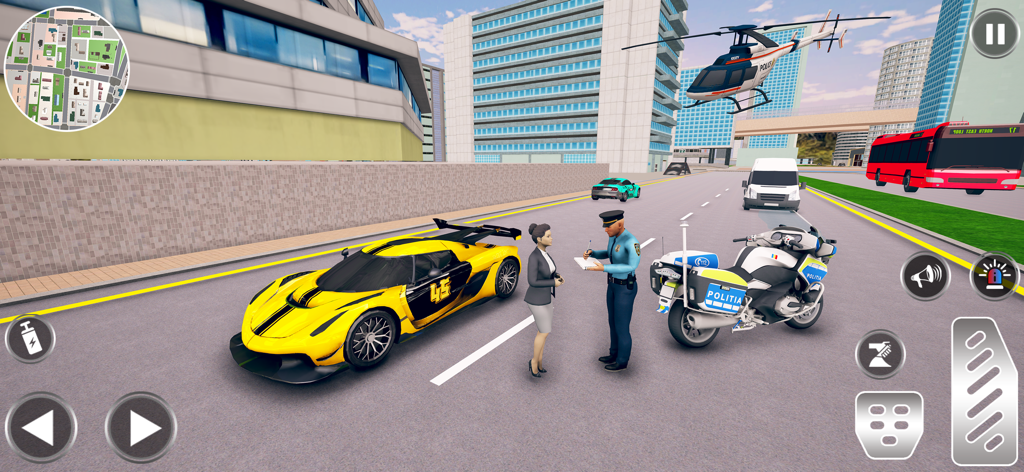 City Patrol: Police Chase 3D - Un oficial de policía interrogando a un conductor junto a un coche deportivo amarillo en una calle de la ciudad con una motocicleta y un helicóptero de policía.