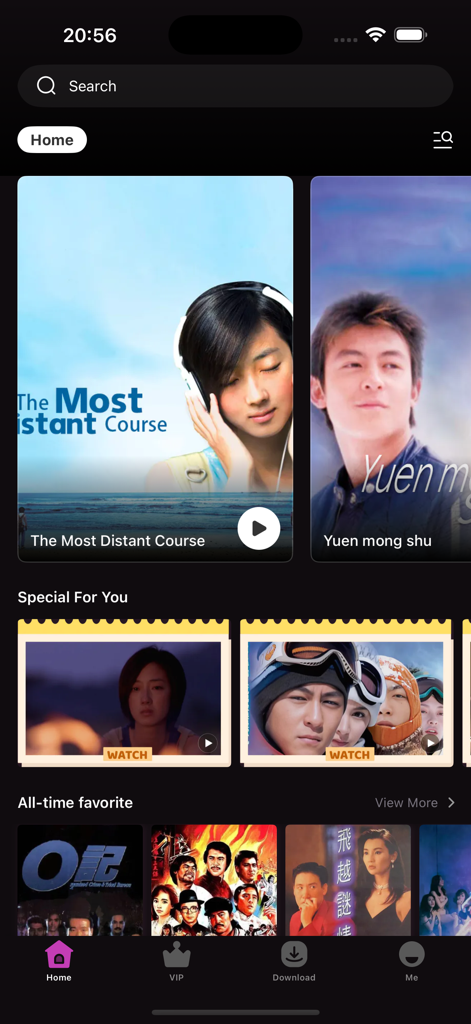 Pantalla de inicio de la aplicación HiTV StreamHub Cinema mostrando pósteres de películas destacadas y miniaturas de series de drama