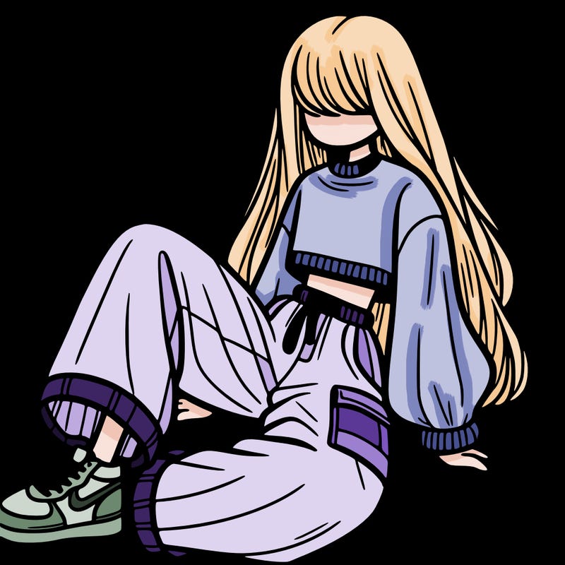 a girl with baggy pants and a crop top with long hair