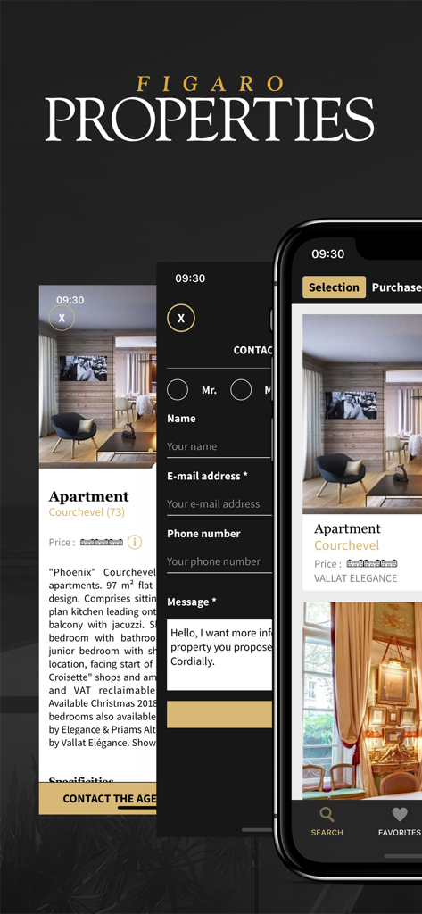 Le Figaro Properties - Interface of the Le Figaro Properties app displaying a luxury apartment in Courchevel and a contact form for real estate inquiries.
