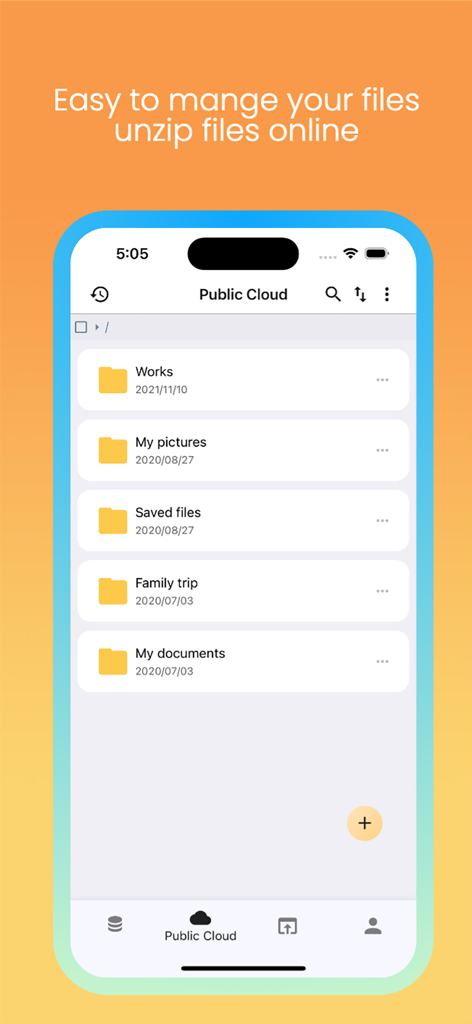 Ctfile - Ctfile mobile app interface showing various folders in the public cloud storage section