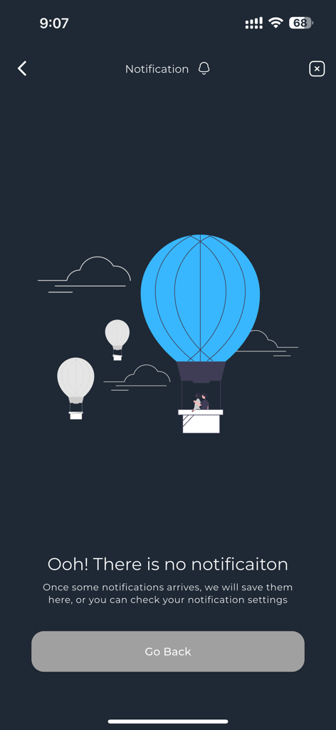 Hooligans.cz - Pantalla de notificaciones vacía en la aplicación Hooligans.cz con una ilustración de un globo aerostático.