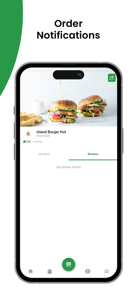 A smartphone showing the Order-Up Merchant app interface with the reviews section for a restaurant profile