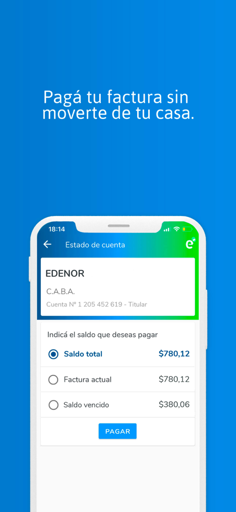 Pantalla de la app edenordigital mostrando opciones para pagar facturas de electricidad en línea.
