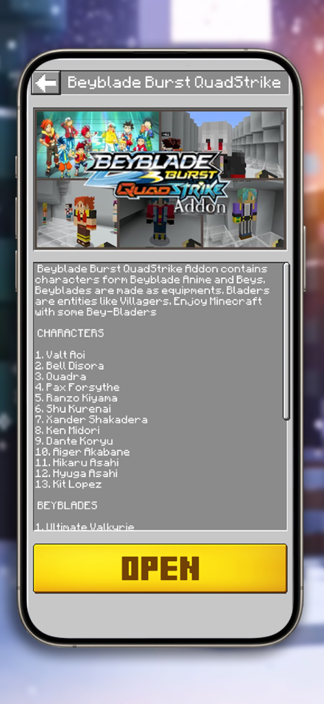 Anime Mods Addons Maps & Skins - App interface showing the Beyblade Burst QuadStrike addon for Minecraft with character details
