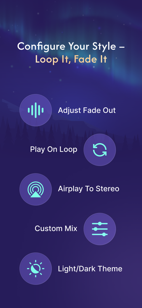 White Noise ASMR Sleep Sounds - Interfaz de la aplicación Sonidos para Dormir ASMR de Ruido Blanco que muestra opciones de configuración como bucle, fundido, Airplay y mezcla personalizada.