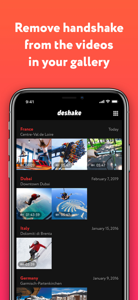 Deshake - Video stabilization - Smartphone screen showing the Deshake app interface with a gallery of action and travel videos