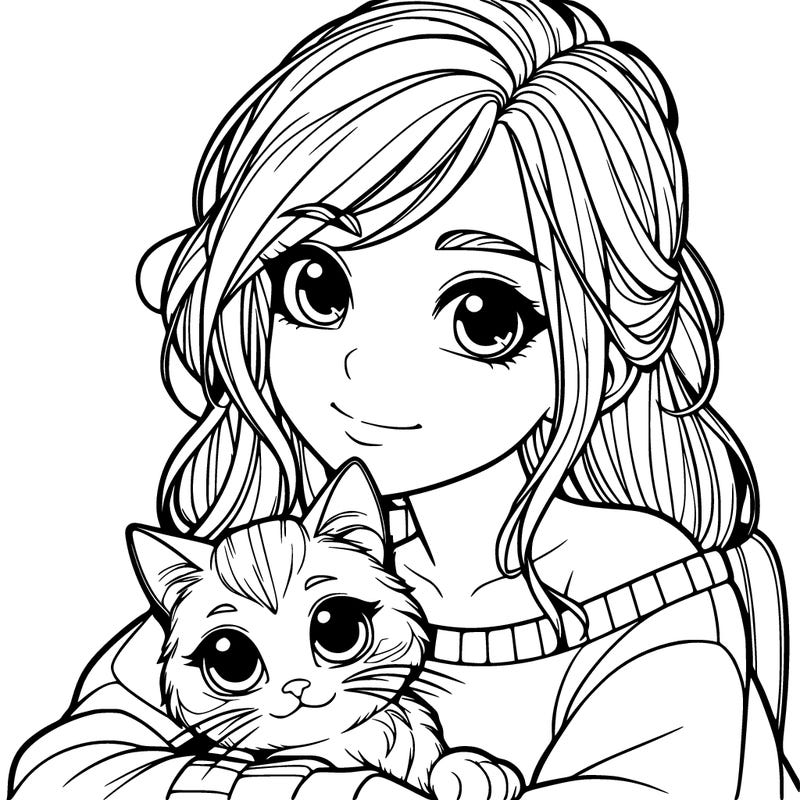 a realistic girl with a cat on her lap