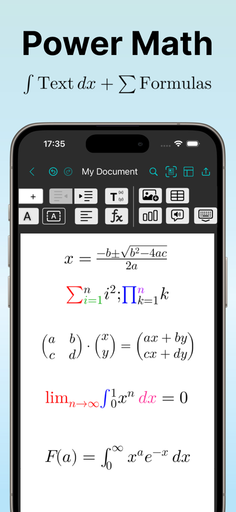 Edit Word Document with OffiX - A mobile interface of the OffiX app displaying complex mathematical formulas like integrals and matrices in a word document editor.
