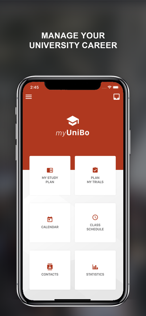 La pantalla de inicio de la aplicación móvil myUniBo que muestra opciones para planes de estudio, horarios de clases y estadísticas universitarias.