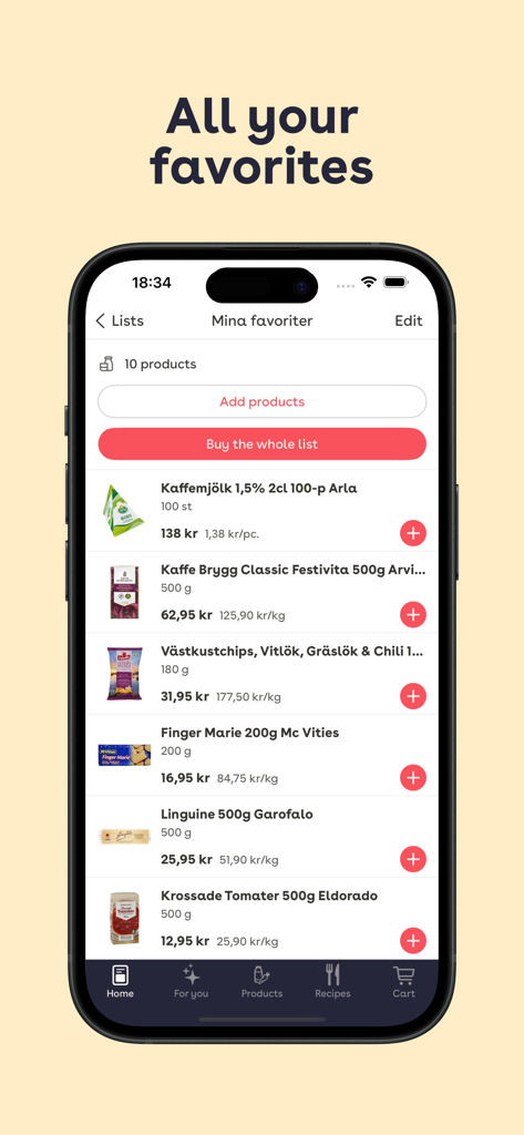 Smartphone showing the favorites list in the Mathem grocery delivery app