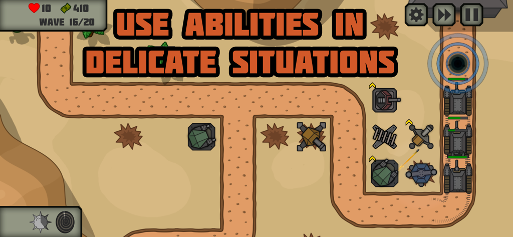 Tactical War: Tower Defense - Tactical War Tower Defense gameplay showing the use of special abilities against enemy tanks on a strategic map