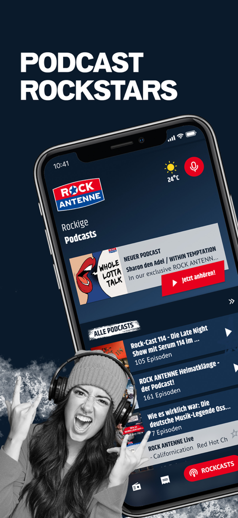 iPhone mostrando la sección de podcasts de la aplicación ROCK ANTENNE con varios programas de música rock y una mujer con auriculares.