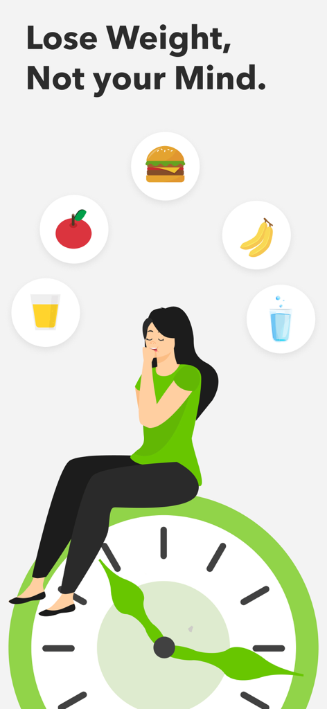 Fast: Intermittent Fasting App - Una ilustración de una mujer sentada sobre un gran reloj rodeada de iconos de comida y bebidas con el texto Pierde Peso, No la Cordura.