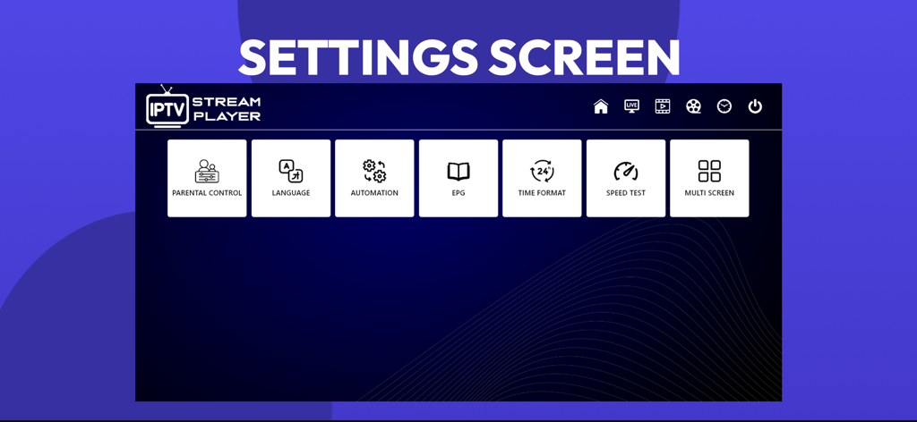 IPTV Stream Player - IPTVストリームプレーヤーアプリの設定メニュー。ペアレンタルコントロール、スピードテスト、マルチスクリーンのオプションが表示されています。