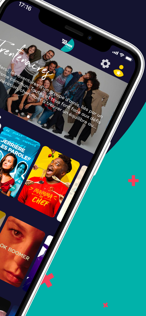 TV5MONDEplus - Interface de l'application mobile TV5MONDEplus affichant une sélection de séries et de films en langue française.