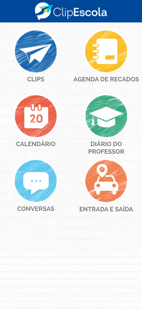 ClipEscola - ClipEscola app home screen showing school management and communication modules