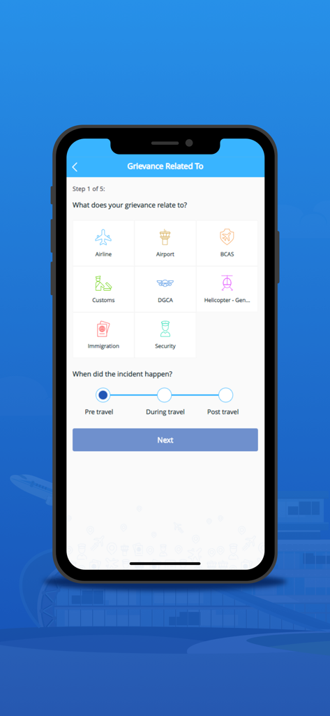 AirSewa - AirSewa app screen for selecting a grievance category and travel incident timing