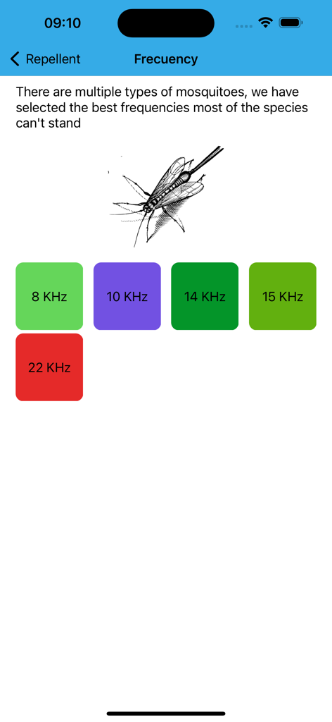 Mosquito & Bug Repellent Sound - Mosquito repellent app interface for selecting ultrasonic sound frequencies