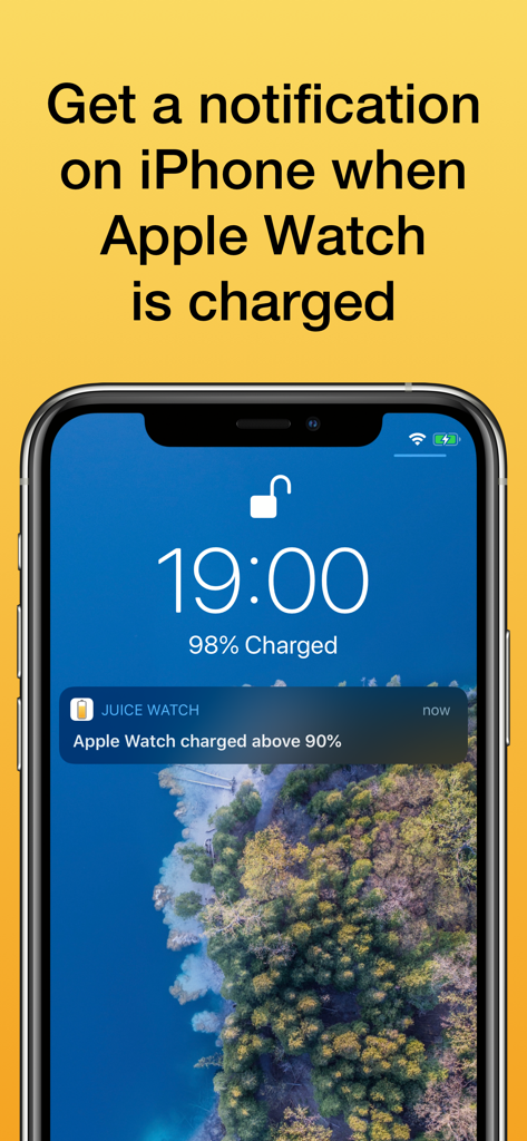 iPhone-Sperrbildschirm zeigt eine Apple Watch-Akku-Ladungsbenachrichtigung von der Juice Watch-App.