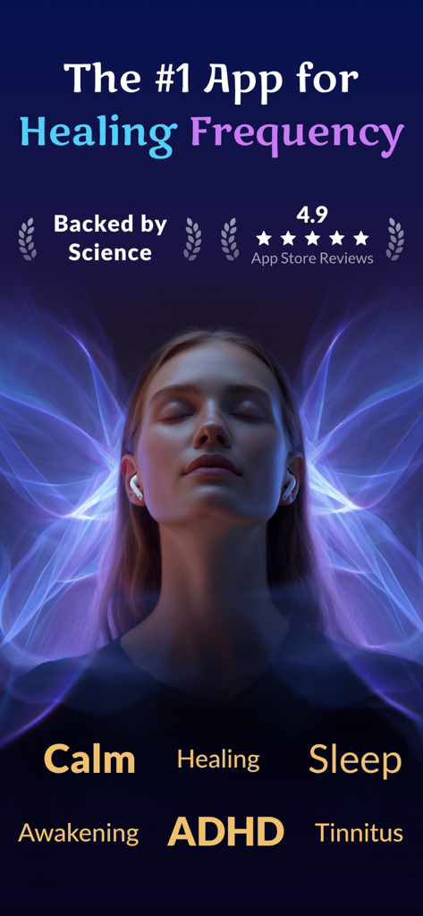 Healing Frequency Sleep Sounds - A woman wearing headphones experiencing binaural beats with glowing blue energy lines and text highlighting healing frequencies for sleep and calm.