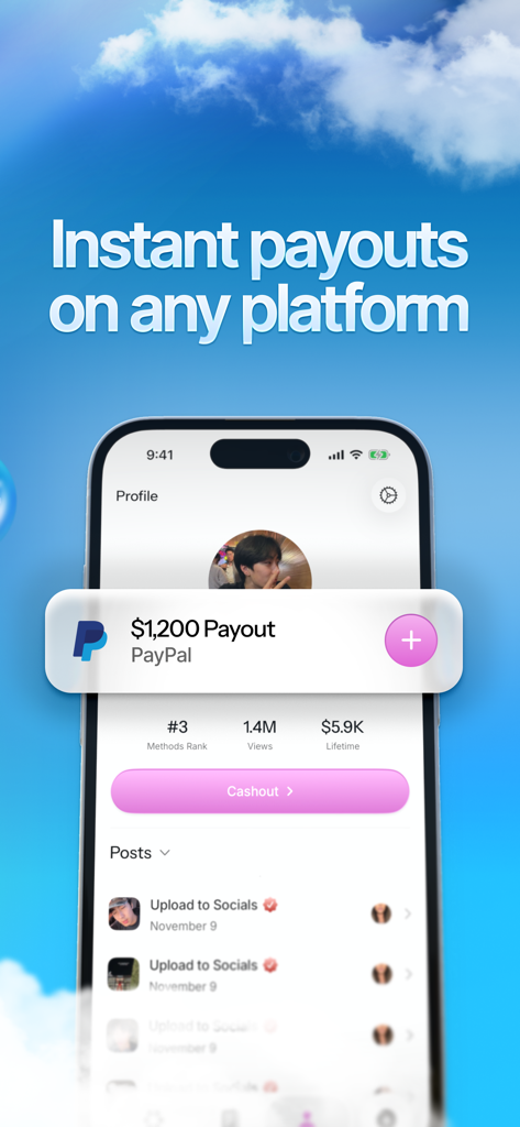 Methods - Make Money Online - Smartphone displaying Methods app with an instant PayPal payout notification and creator profile statistics.