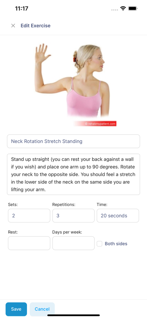 Rehab My Patient - Interface of Rehab My Patient app for setting up a standing neck rotation stretch exercise