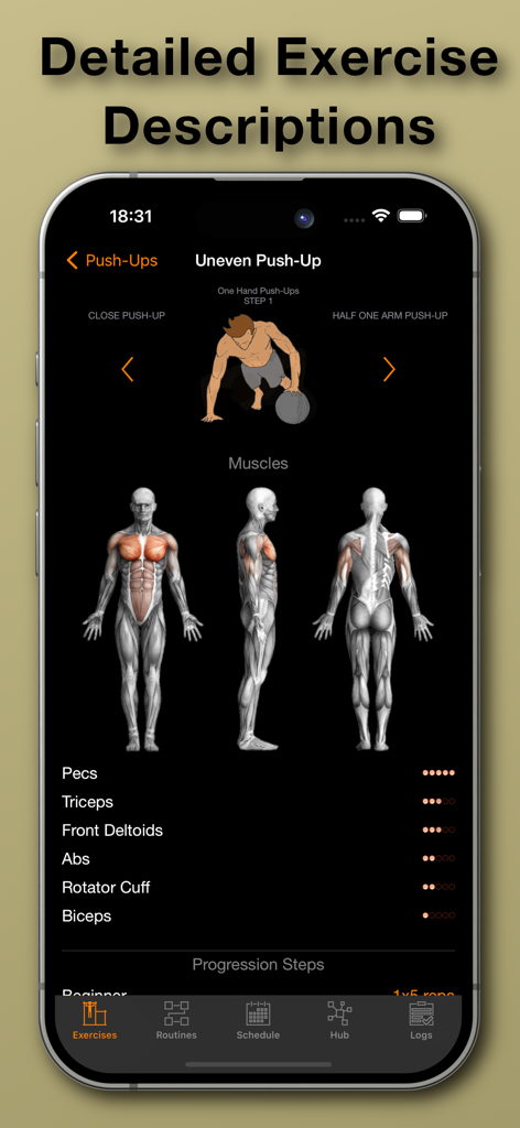 Diagrama anatômico muscular e descrição de flexão assimétrica no app Calisthenics Mastery.