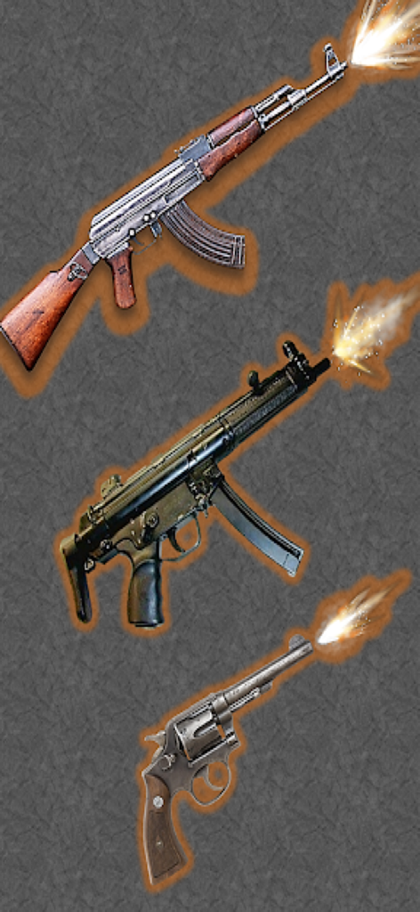 Gun Simulator: Gun Sound Shot - Gun simulator app screen showing an AK-47 submachine gun and revolver firing with muzzle flash effects