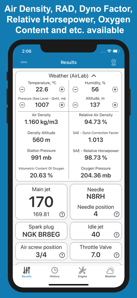 Jetting Sherco 2T Moto Bikes - Pantalla de resultados de la aplicación Jetting Sherco 2T que muestra la configuración del carburador y los datos de densidad del aire