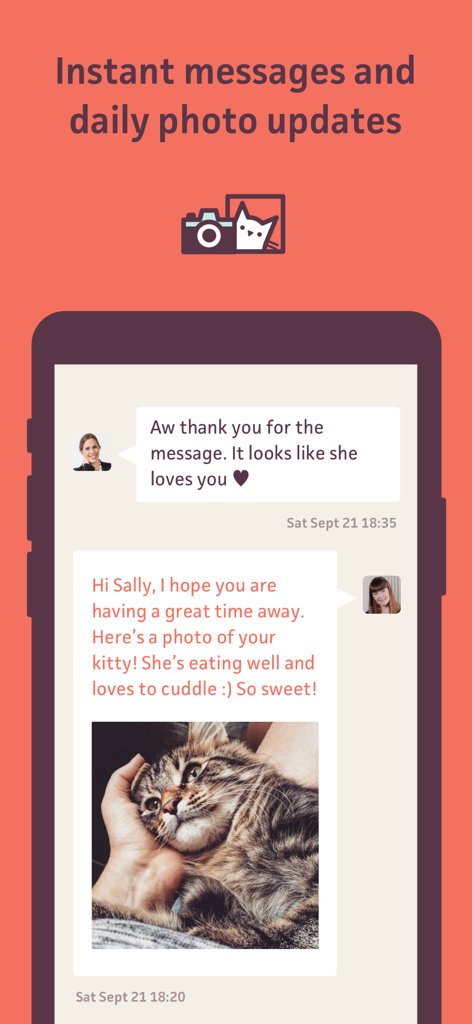 Cat in a Flat: Pet Cat Sitting - Cat in a Flat app interface showing a chat with photo updates of a cat from a pet sitter