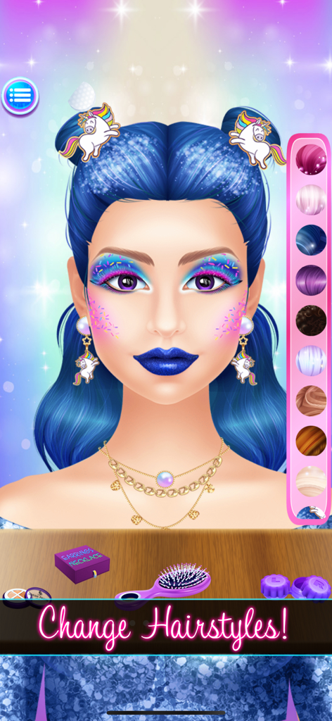 A girl with blue hair and unicorn hair clips in the Makeup Games Dress Up Salon app
