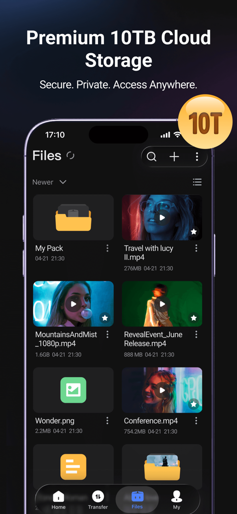 PikPak app interface displaying 10TB premium cloud storage and a library of saved video files
