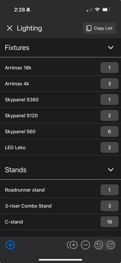 Scenario mobile - A professional lighting equipment and gear list within the Scenario mobile app for film production.