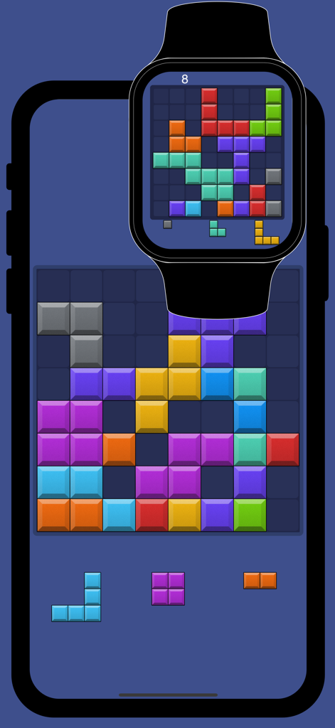 BlockFit for Watch Puzzle - Juego de rompecabezas BlockFit en pantallas de iPhone y Apple Watch