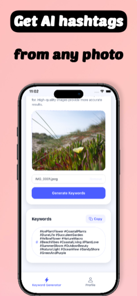 TopFollow: AI Popular Hashtag - TopFollow mobile app interface showing AI hashtags generated from an uploaded photo of coastal flowers.