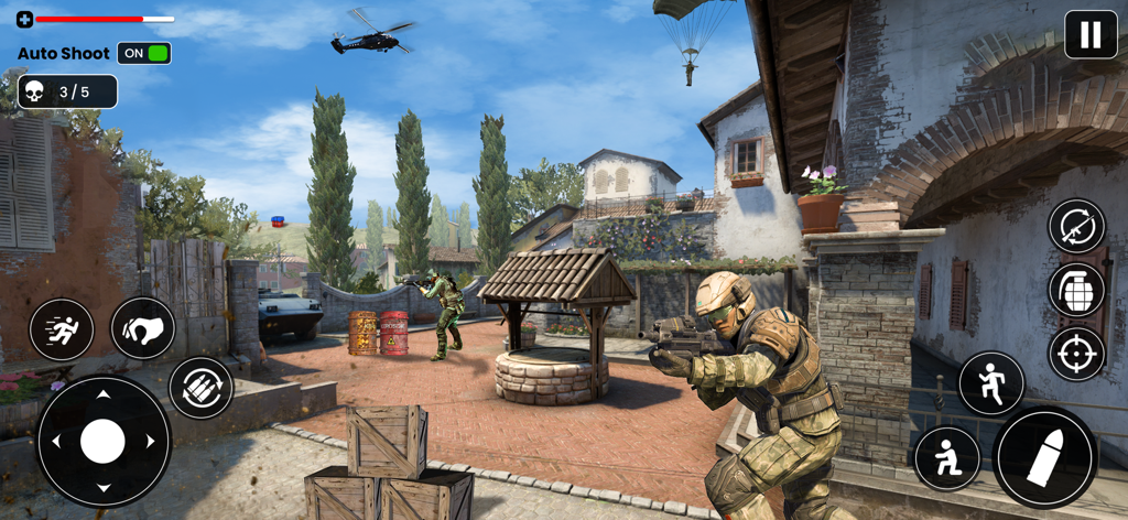 FPS Strike Modern Battle Force - Tactical combat gameplay in FPS Strike Modern Battle Force featuring soldiers in a Mediterranean village setting.