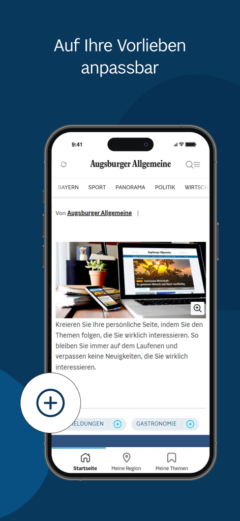 Augsburger Allgemeine News - Un smartphone que muestra la aplicación de noticias Augsburger Allgemeine con ajustes de temas personalizables.