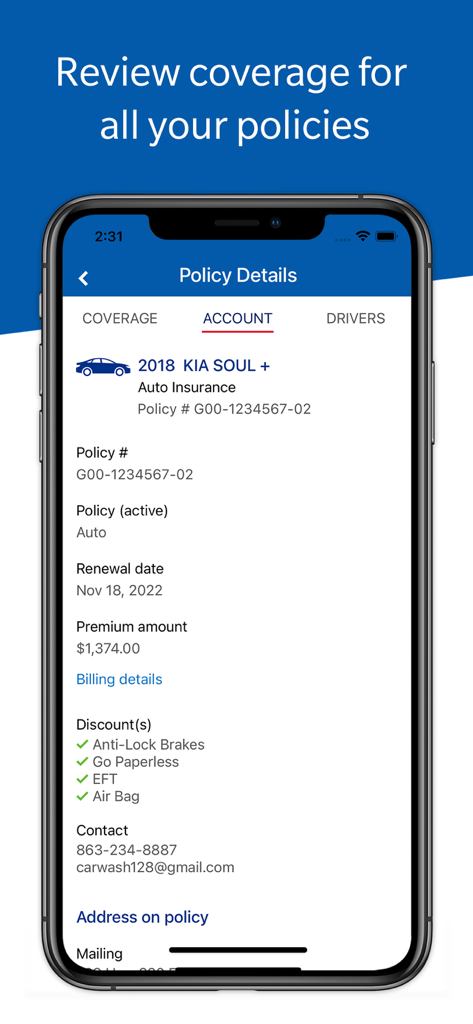 Bristol West Insurance - Bristol West Insuranceアプリのスクリーンショット。更新日、保険料、アカウント割引を含む保険証券の詳細が表示されています。