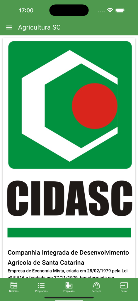 Agricultura SC - Pantalla de información de CIDASC dentro de la aplicación móvil Agricultura SC