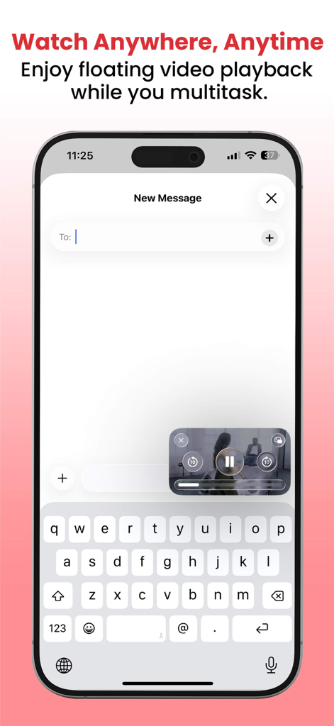 VidTube - PIP Video Player - iPhone screen demonstrating VidTube Picture-in-Picture mode with a floating video while typing a message