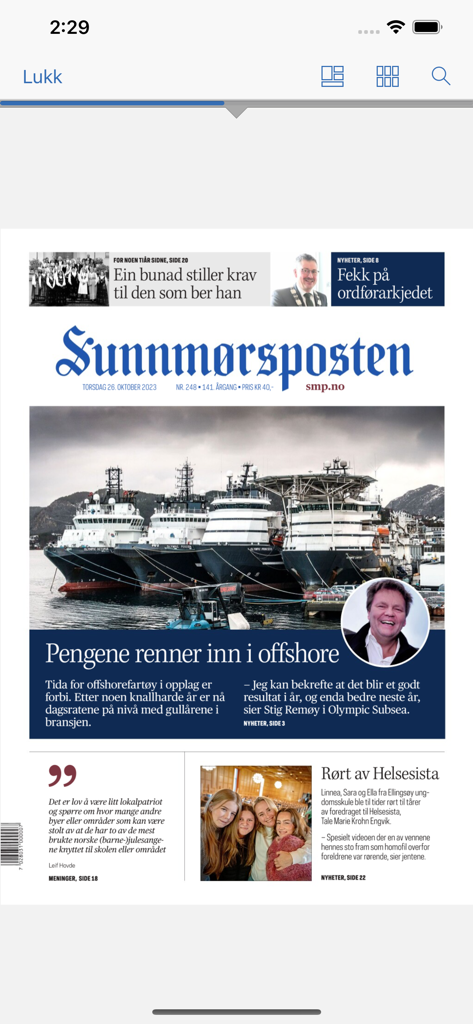 Sunnmørsposten eAvis - Digital front page of the Sunnmørsposten eAvis app showing a regional newspaper layout with maritime news.