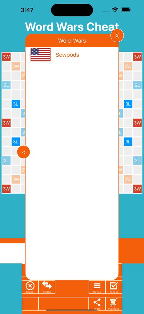 Word Wars Solver - The Word Wars Solver app showing dictionary options over a board game layout