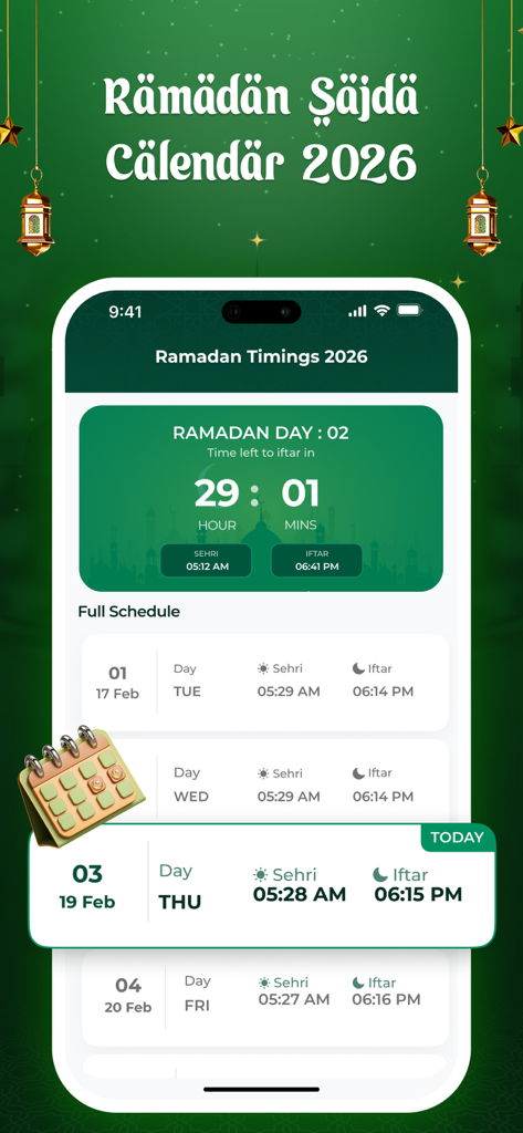 Ramadan Calendar 2026: Athan - Ramadan Calendar 2026 app interface showing daily Sehri and Iftar timings with a countdown timer
