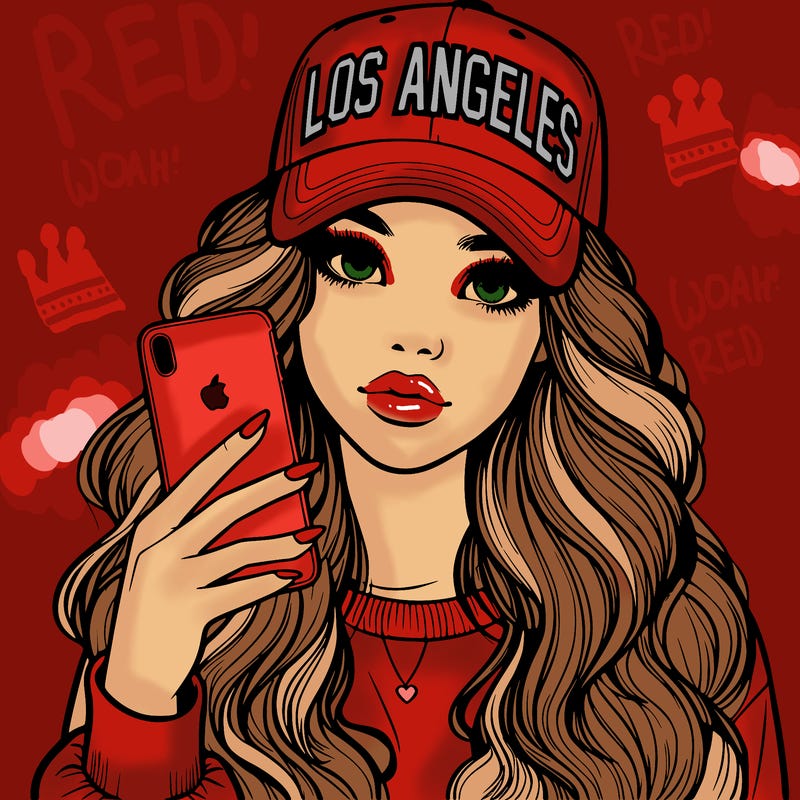 realistic beautiful girl wearing los ángeles cap holding an iphone