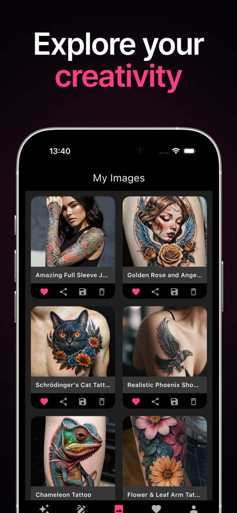 App-Bildschirm, der eine Galerie von KI-generierten Tattoo-Designs auf realistischen Körperteilen zeigt